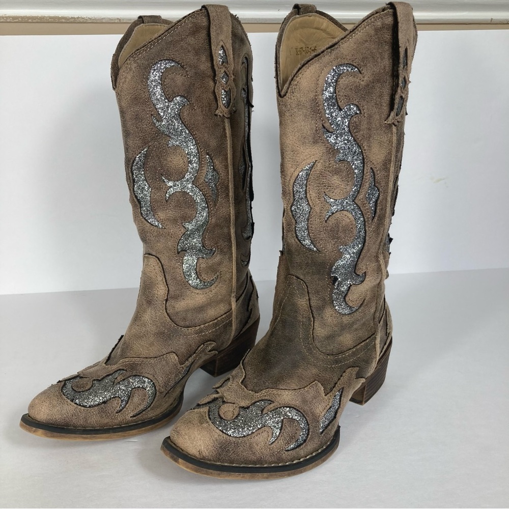 Pierre Dumas Sequin Sparkle Cowgirl Taupe Western Cowboy Boots Sz 6